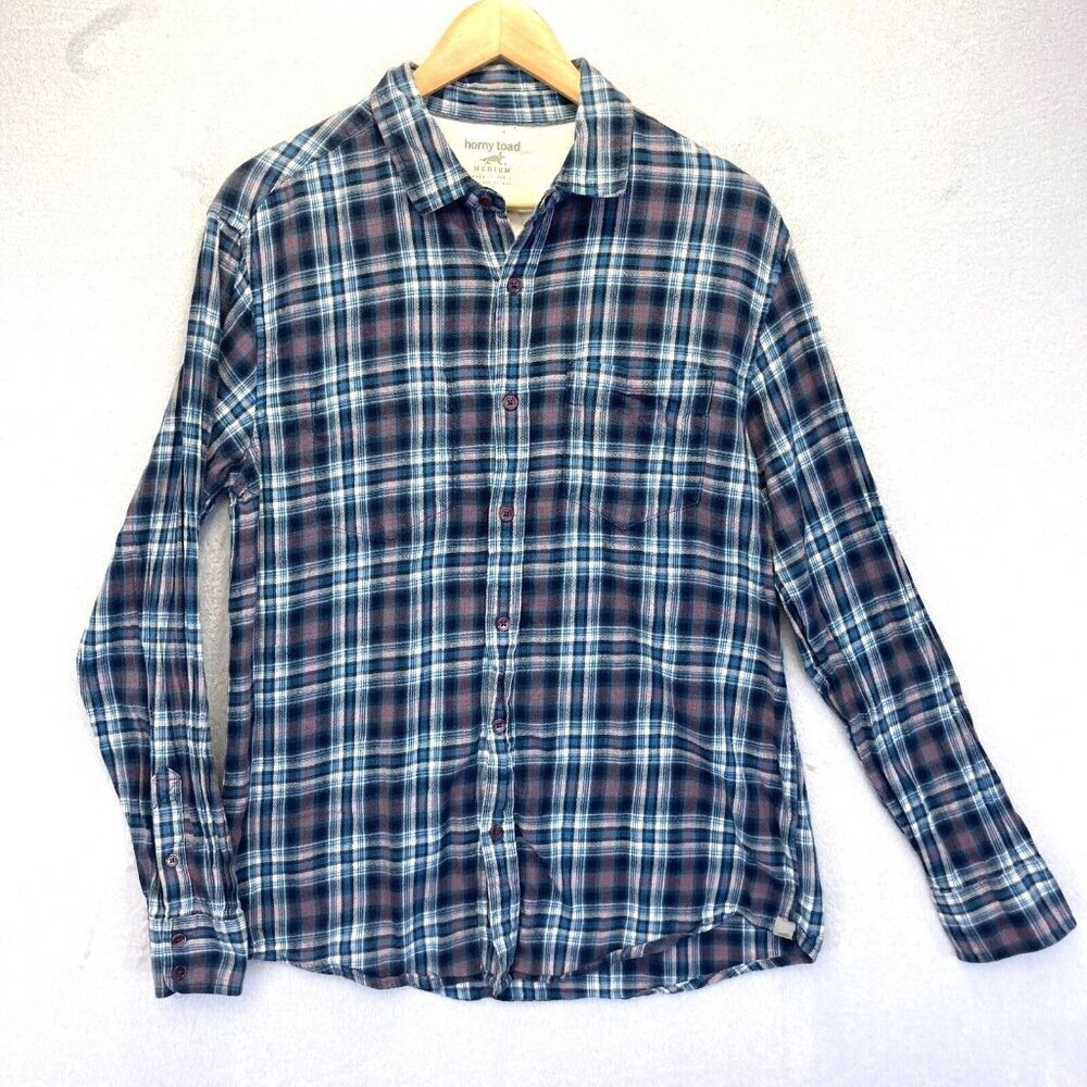 Horny Toad Mixologist Flannel‎ Button Up Shirt Womens Size Medium M Blue Plaid